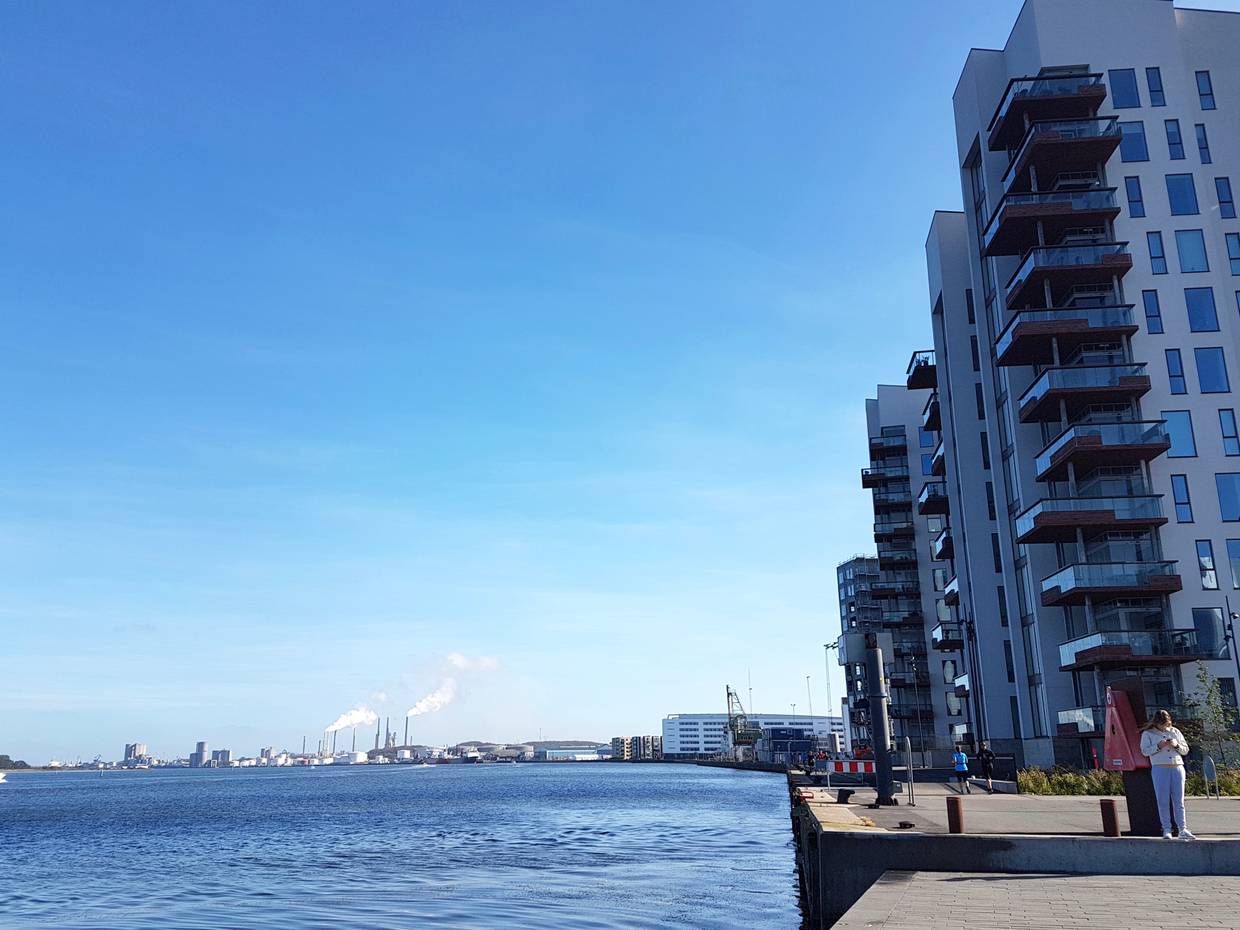 Aussicht von oben auf Neubauten und Baukräne am Ufer des Limfjords