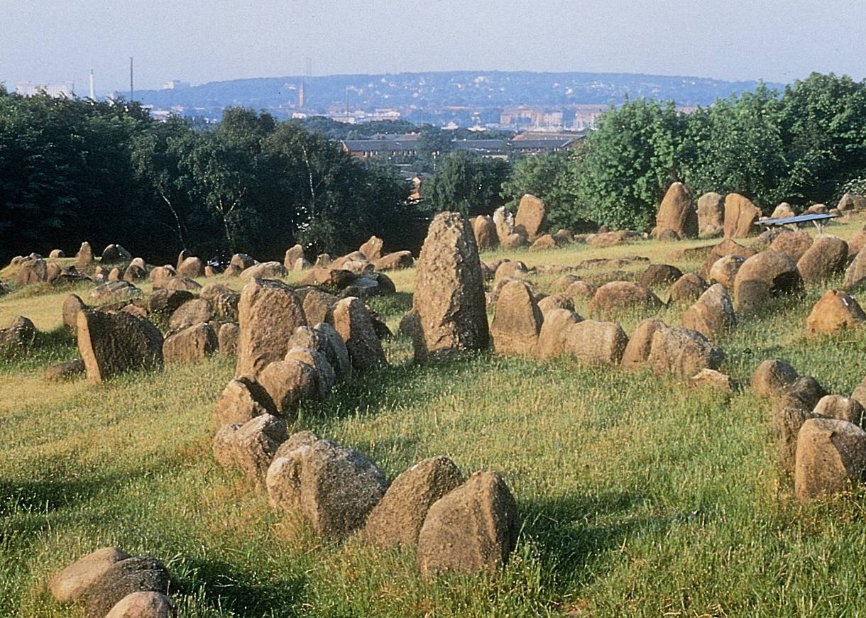Wikingergräber auf einer Wiese am Hang