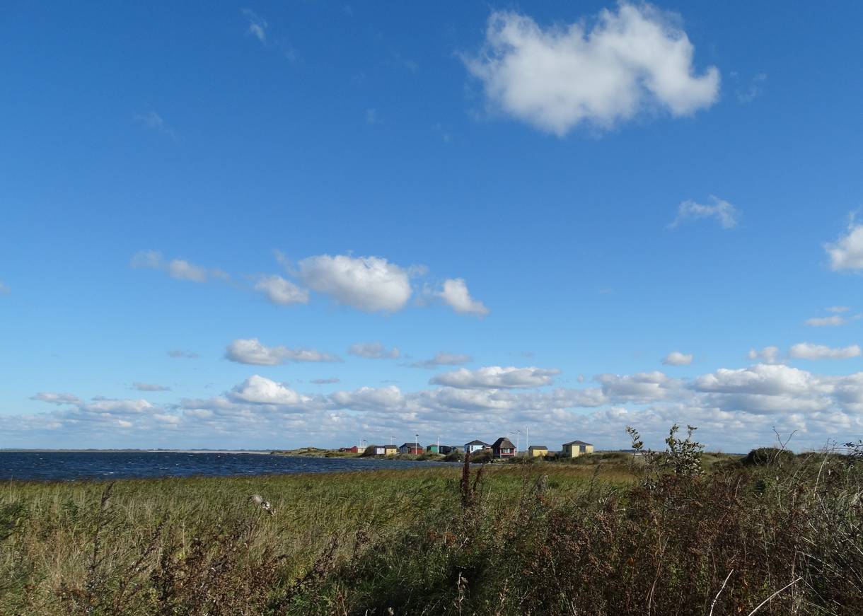 Aussicht auf eine Reihe Badehütten in der Ferne 