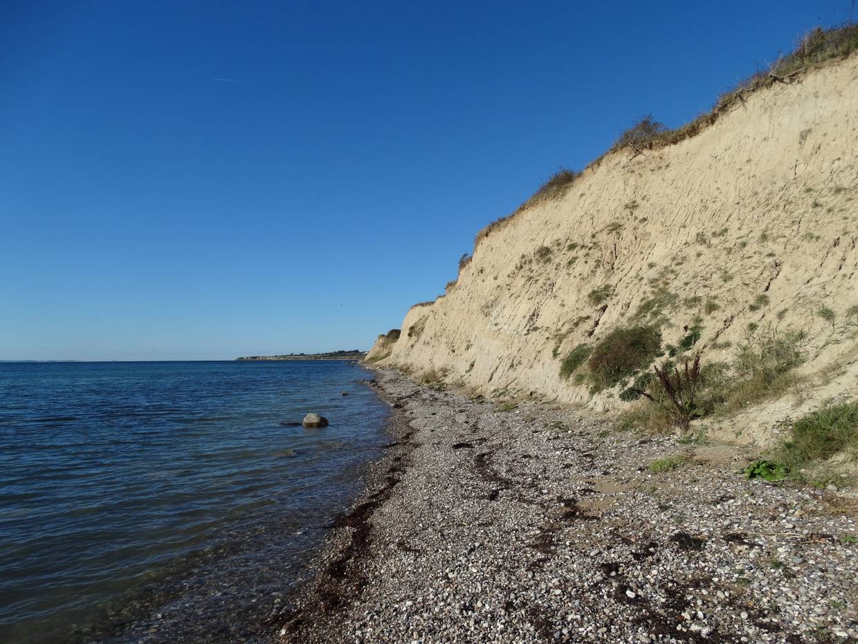 Sehr steiniger Strand unter einer sandigen Steilküste