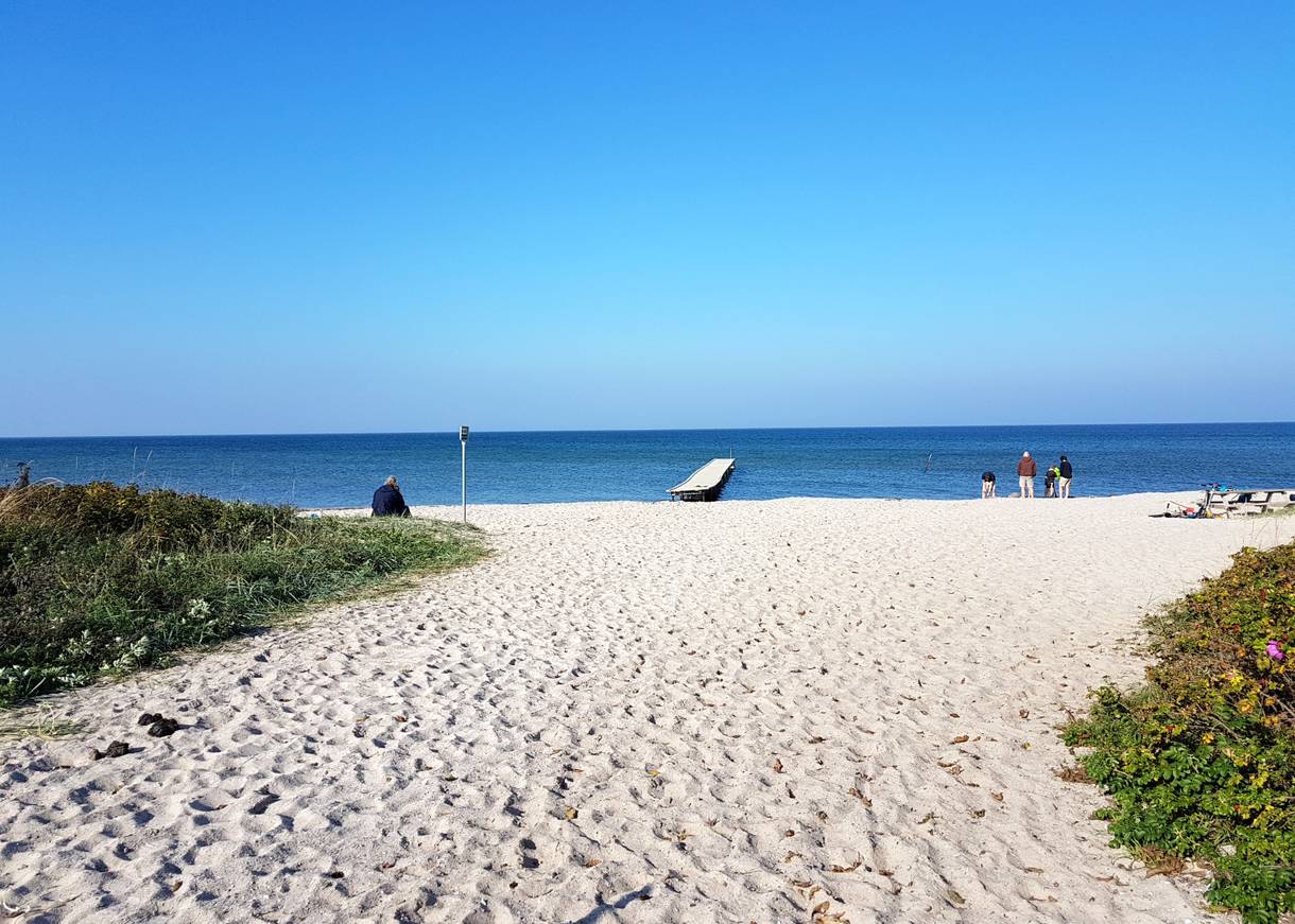 Der Strand in Købingsmark mit Badesteg und Picknickbänken