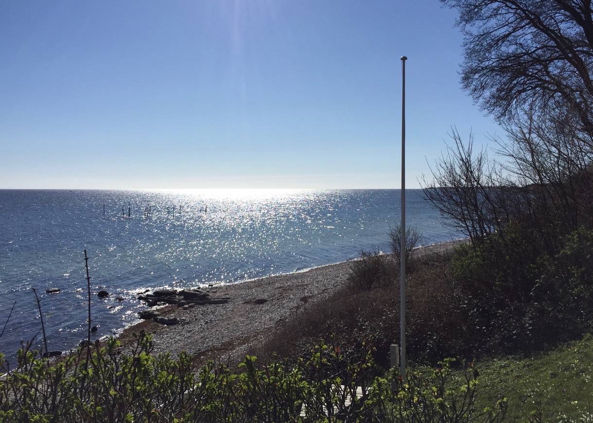 Steiniger Strand im Gegenlicht, von oben betrachtet