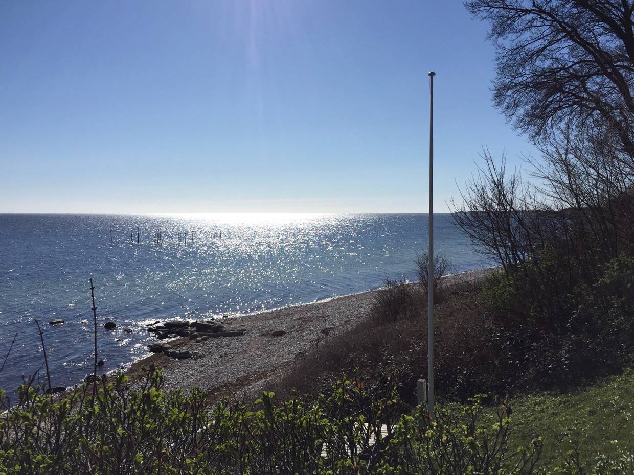 Steiniger Strand im Gegenlicht, von oben betrachtet