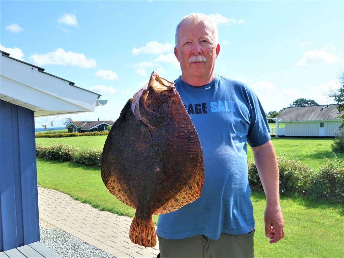 Mann mit frisch geangeltem Plattfisch vor einem Ferienhaus in Dänemark