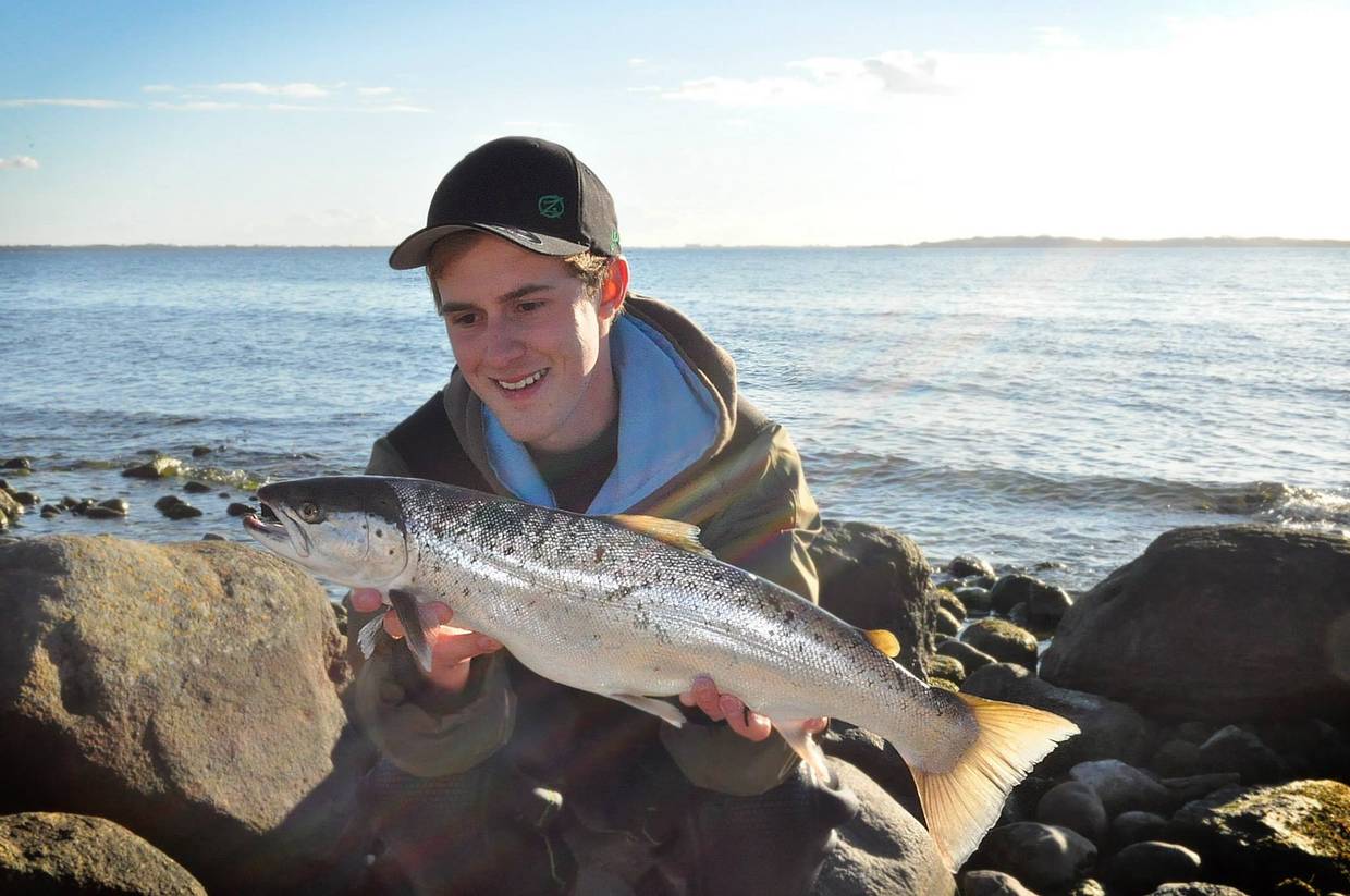 Angler mit Meerforelle vor felsigem Strand am Meer