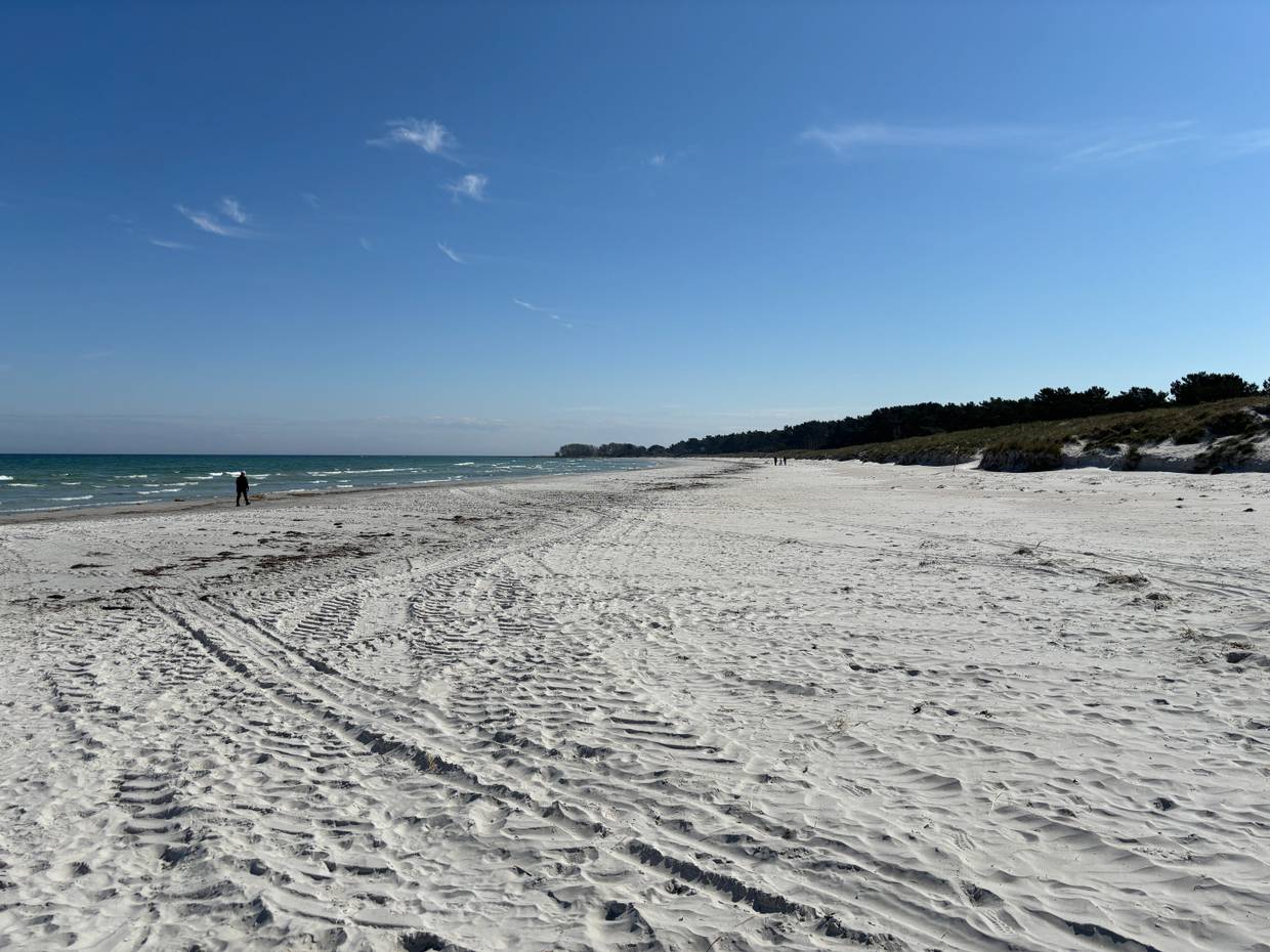 Sandbucht, dahinter Ferienhäuser zwischen den Bäumen