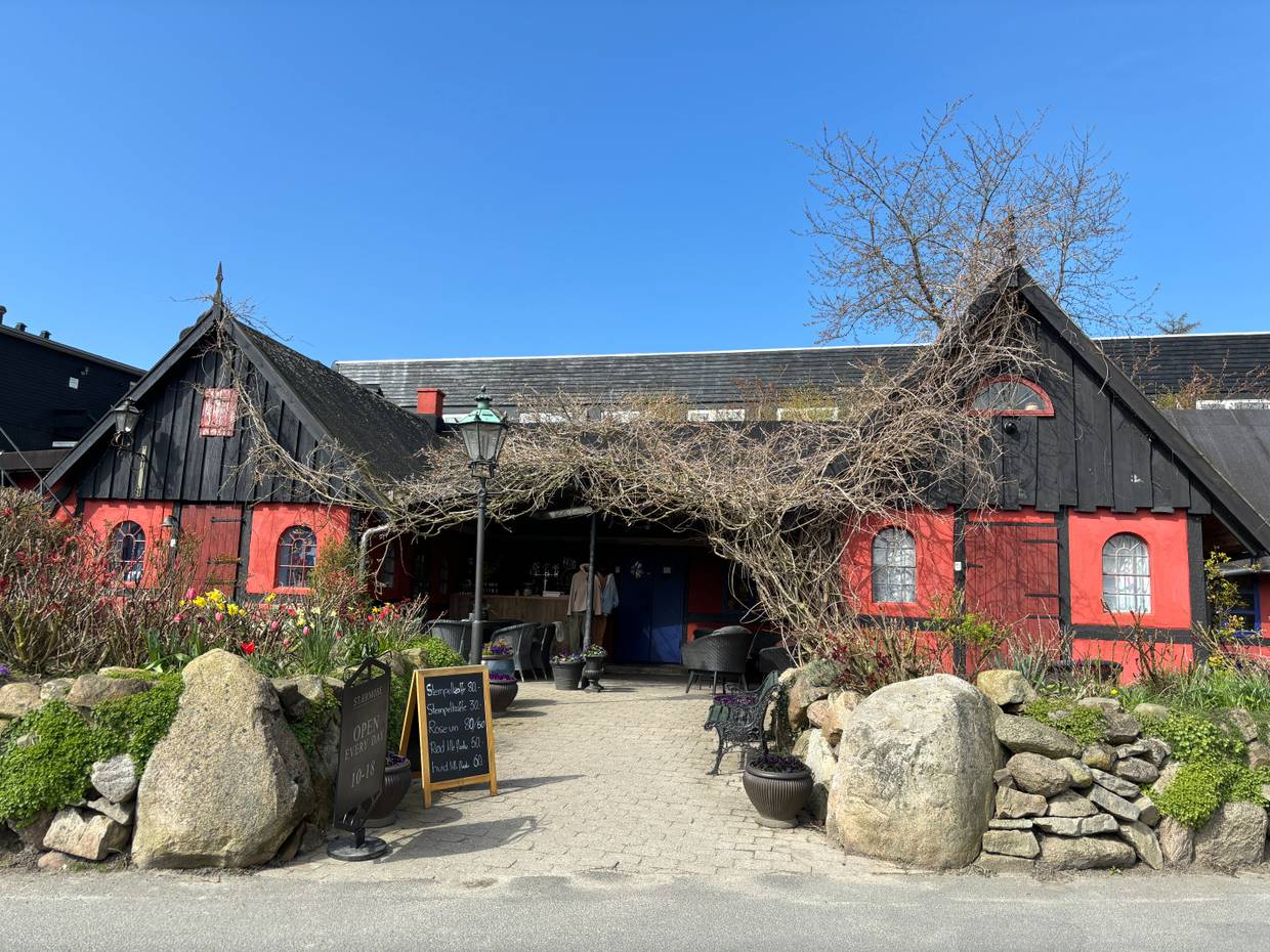 Rotes Fachwerkhaus, davor Rosenbüsche
