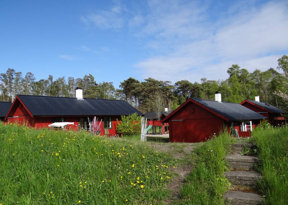 Rote Holzferienhäuser im Frühling