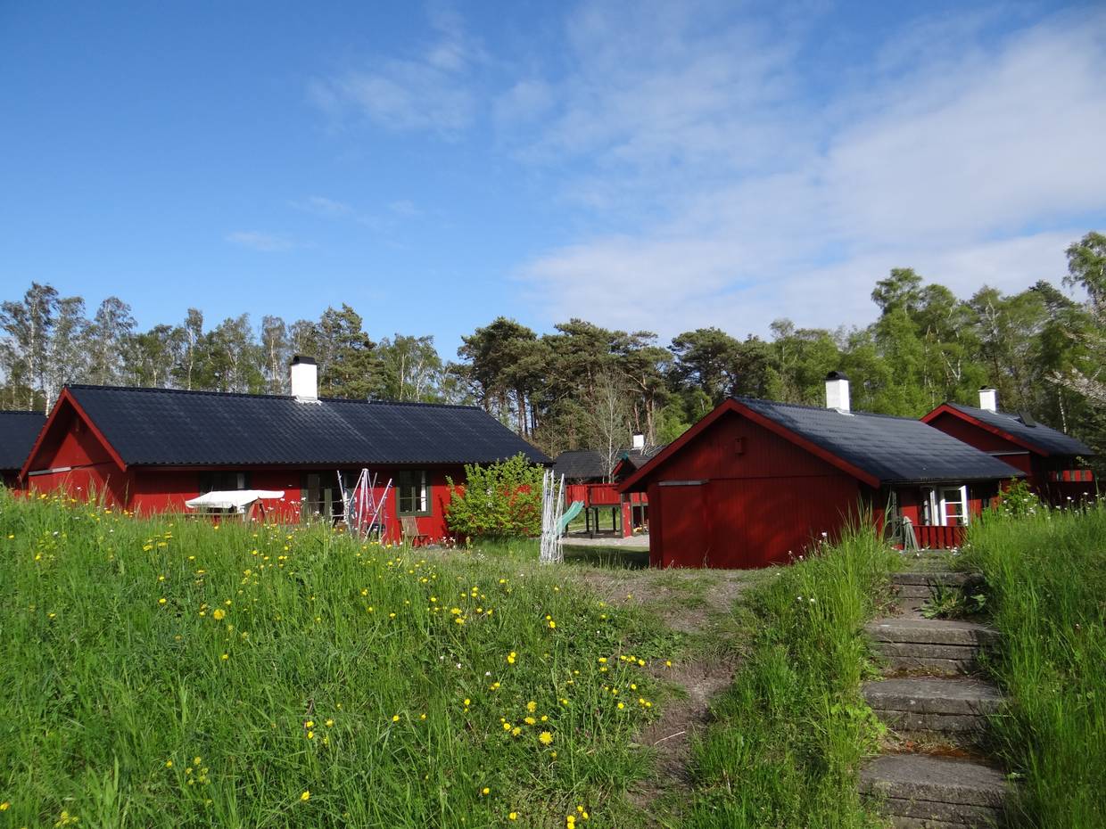 Rote Holzferienhäuser im Frühling