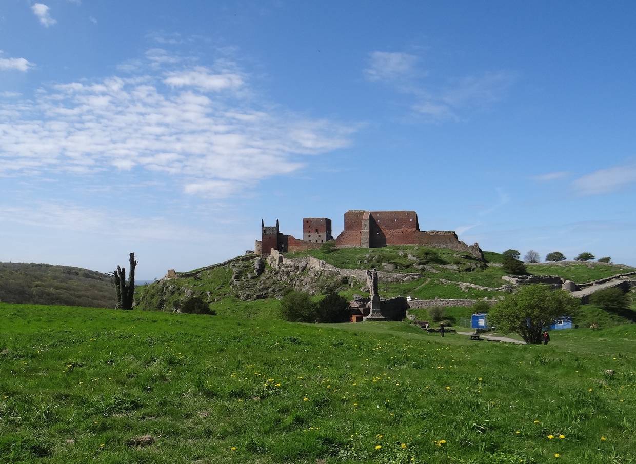 Burgruine auf einem grünen Hügel