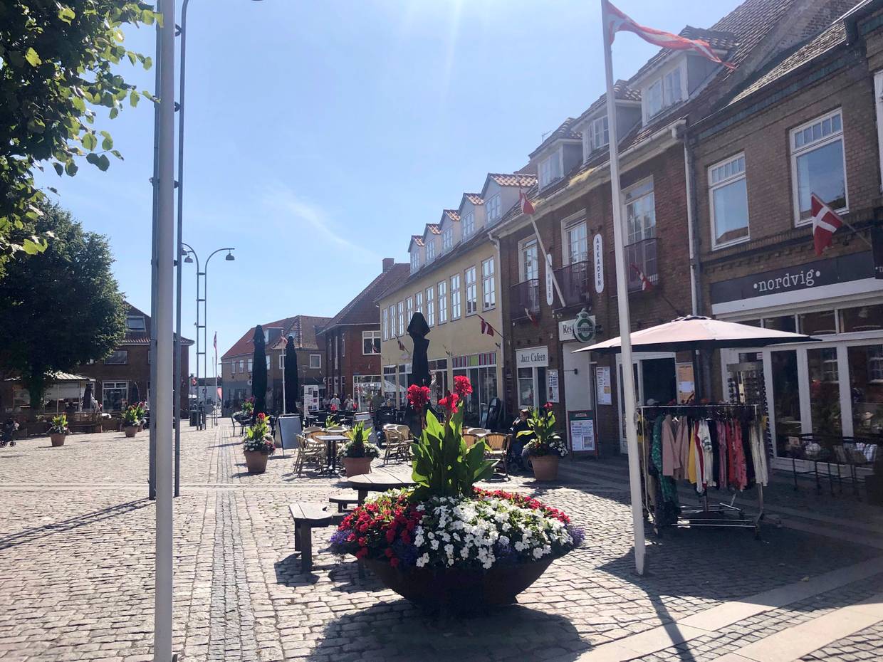 Fußgängerzone mit großen Blumenkübeln und einigen Geschäften