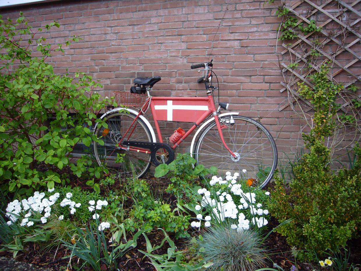 Fahrrad mit dänischer Fahne im Vorgarten
