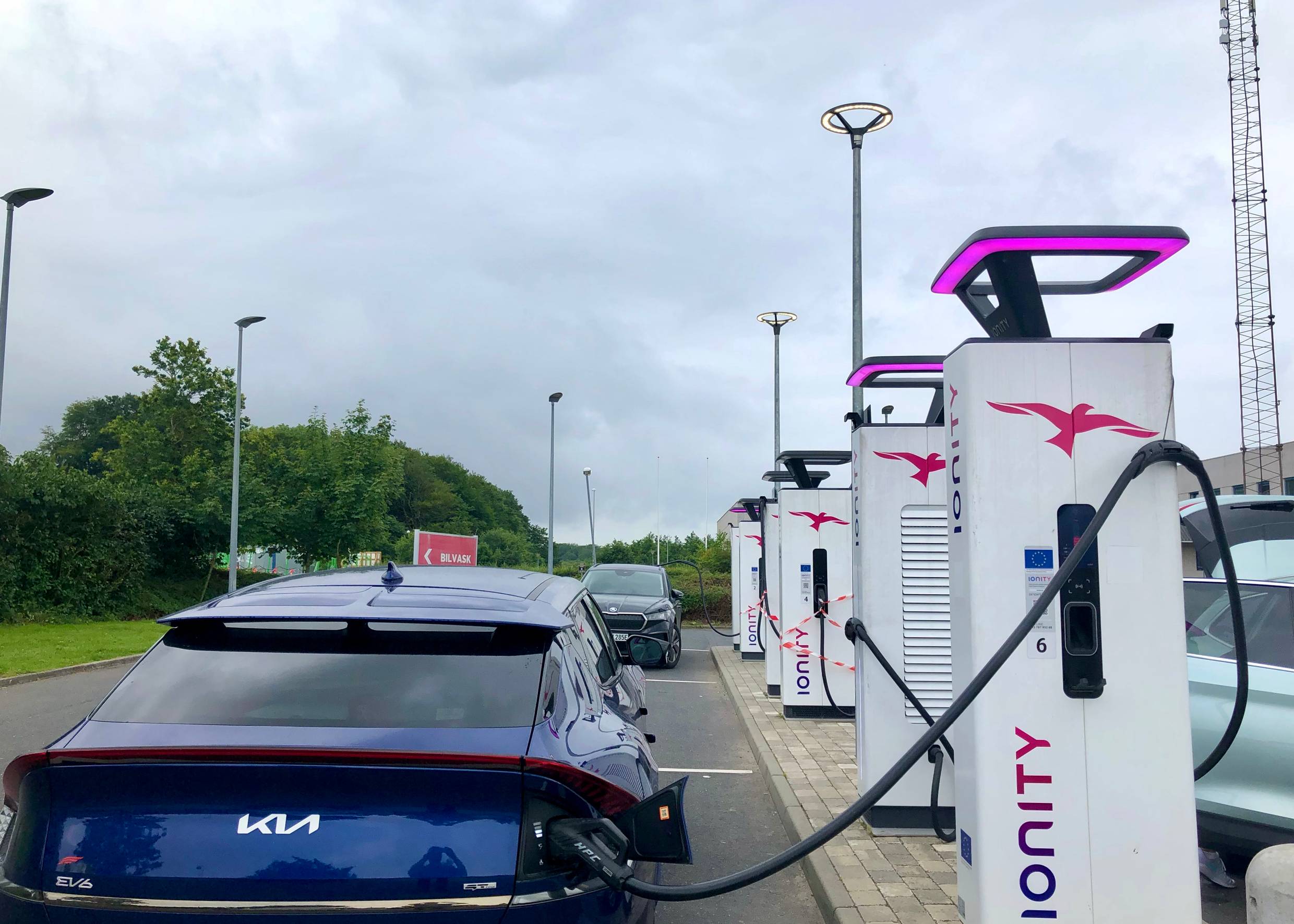 Mehrere Elektroautos an einer Reihe mit Ladestationen