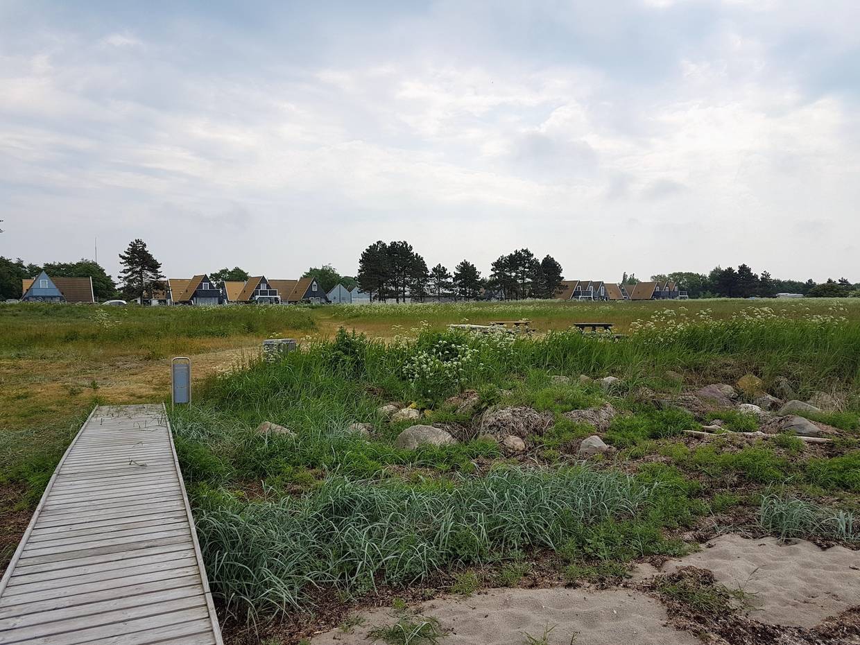 Kleine Nurdachhäuser hinter einer Wiese am Meer