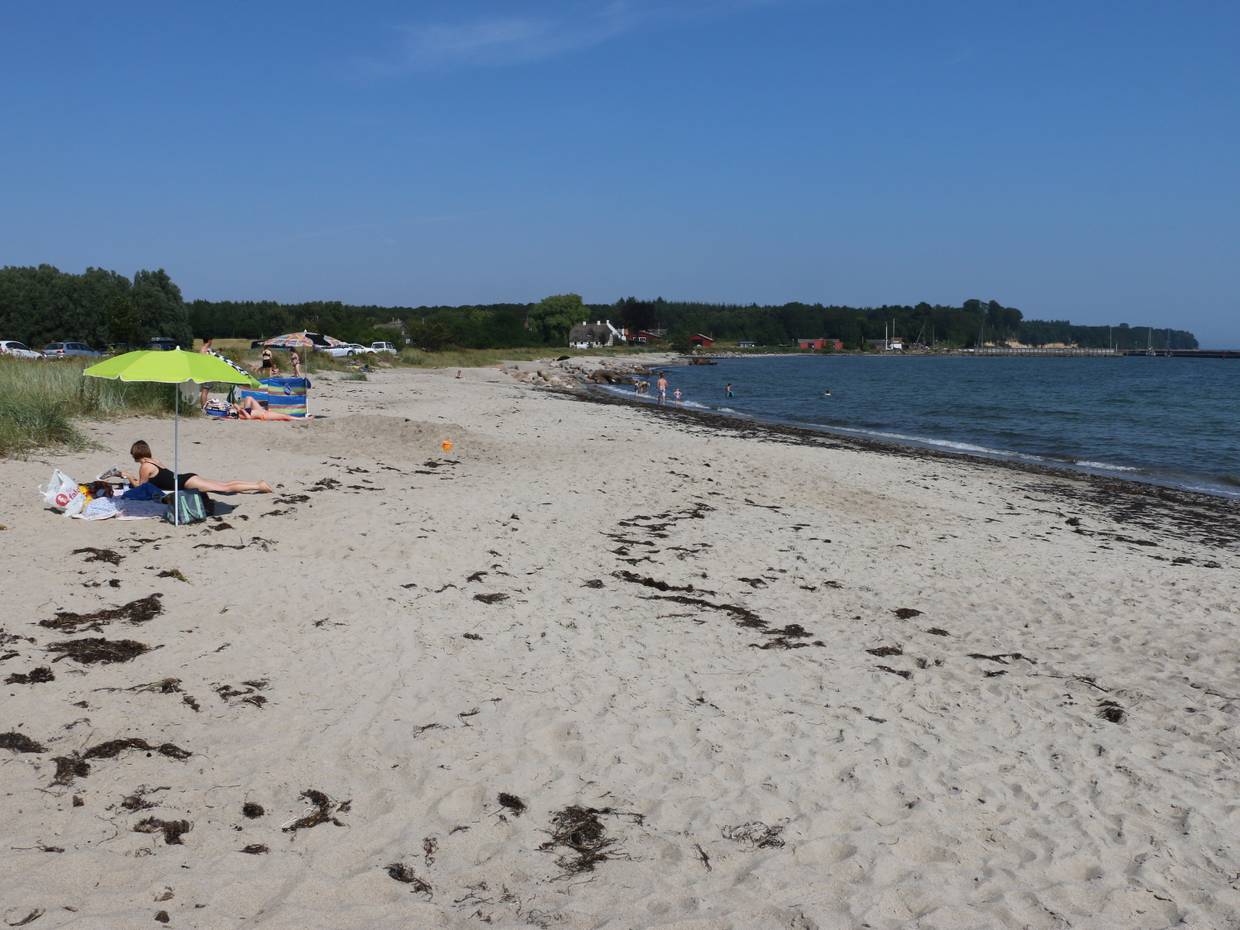 Sandstrand, im Hintergrund eine grüne Steilküste