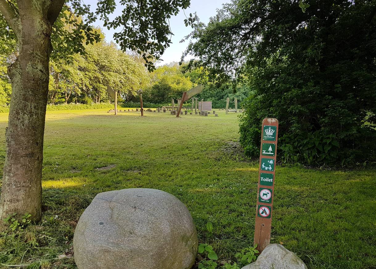 Spielwiese mit einigen Holzfiguren, umgeben von Bäumen