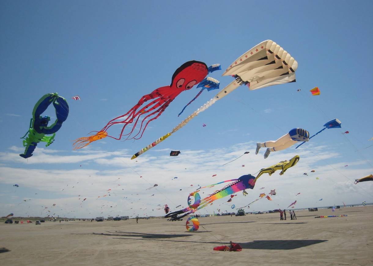 Sehr große, bunte Drachen am Himmel über dem Strand