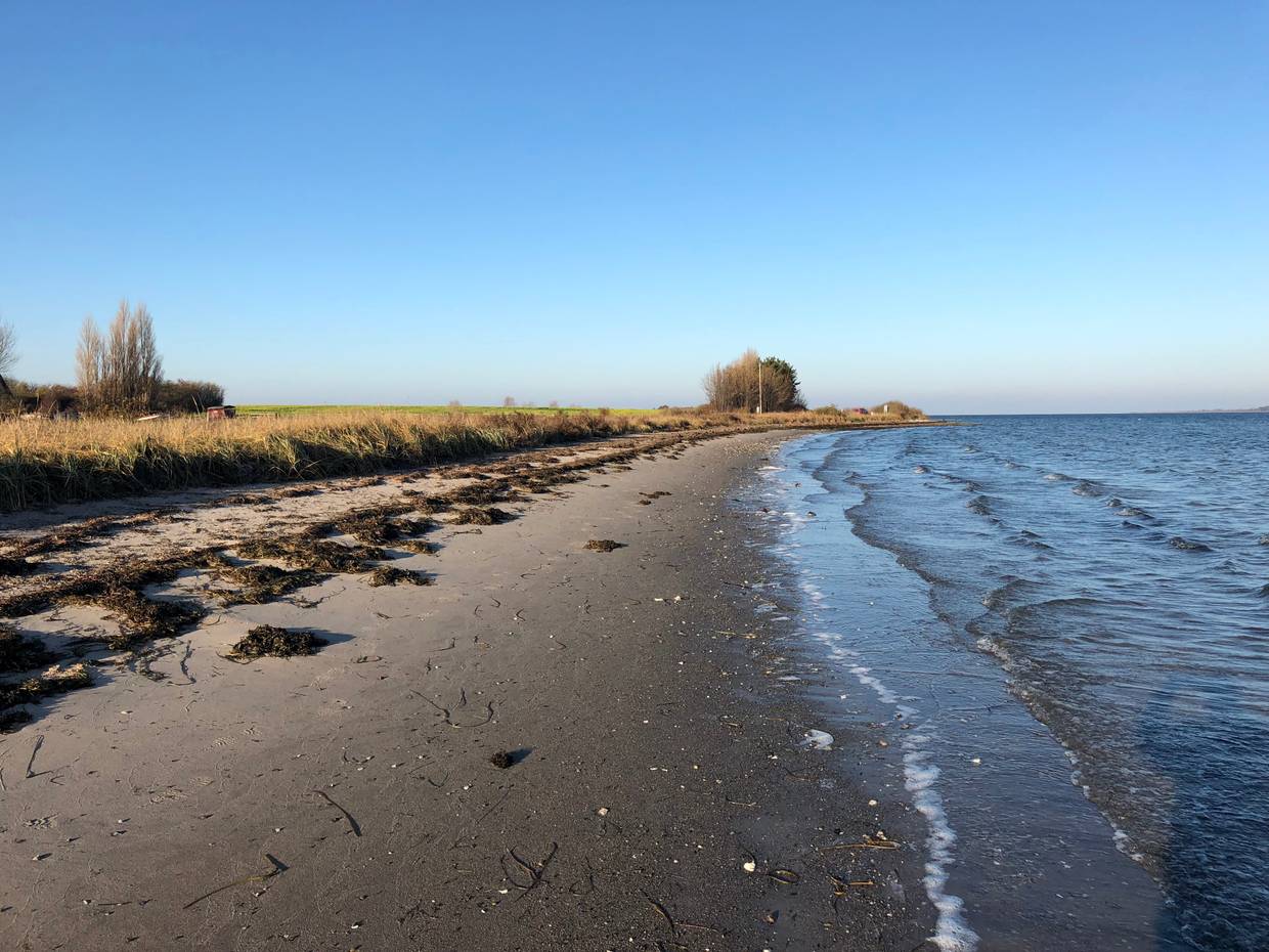 Blick übe reinen schmalen Sandstrand mit etwas Seegras