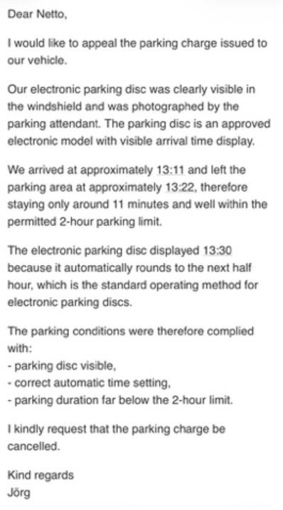 Mailverkehr auf einem Handy, ein fejo-Kunde bittet den Supermarkt Netto seine Parkgebühr zu stornieren