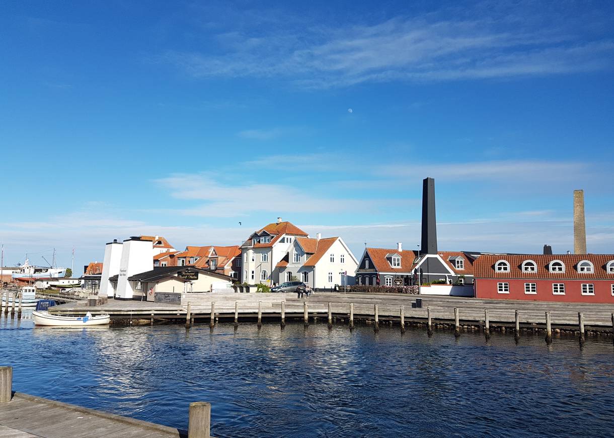 Holzstege an einem Hafen, dahinter verschiedene alte Häuser