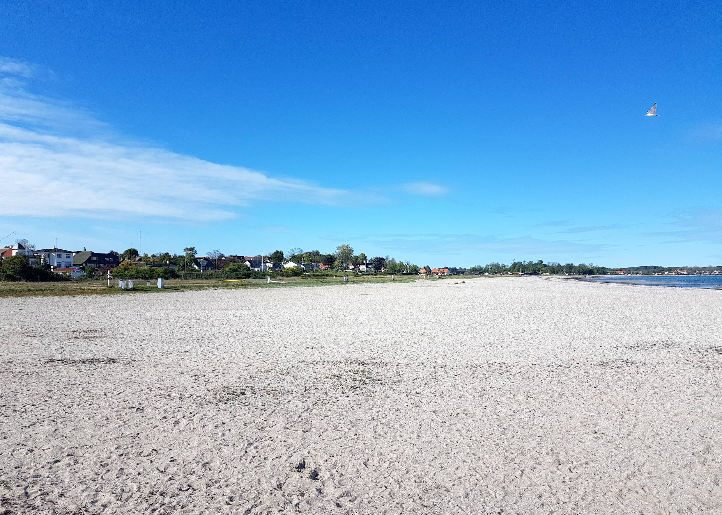 Breiter Sandstrand, im Hintergrund Häuser mit Gärten