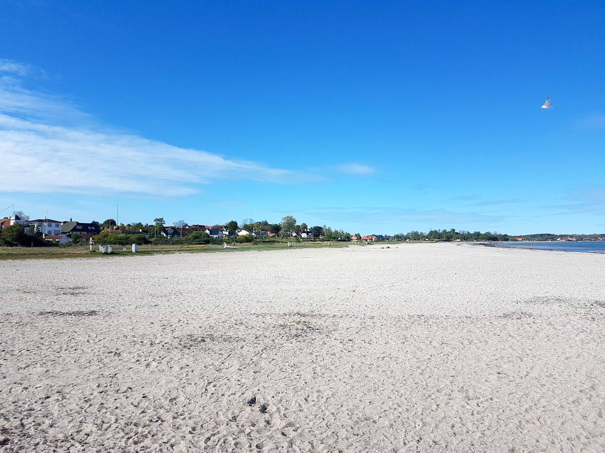 Breiter Sandstrand, im Hintergrund Häuser mit Gärten