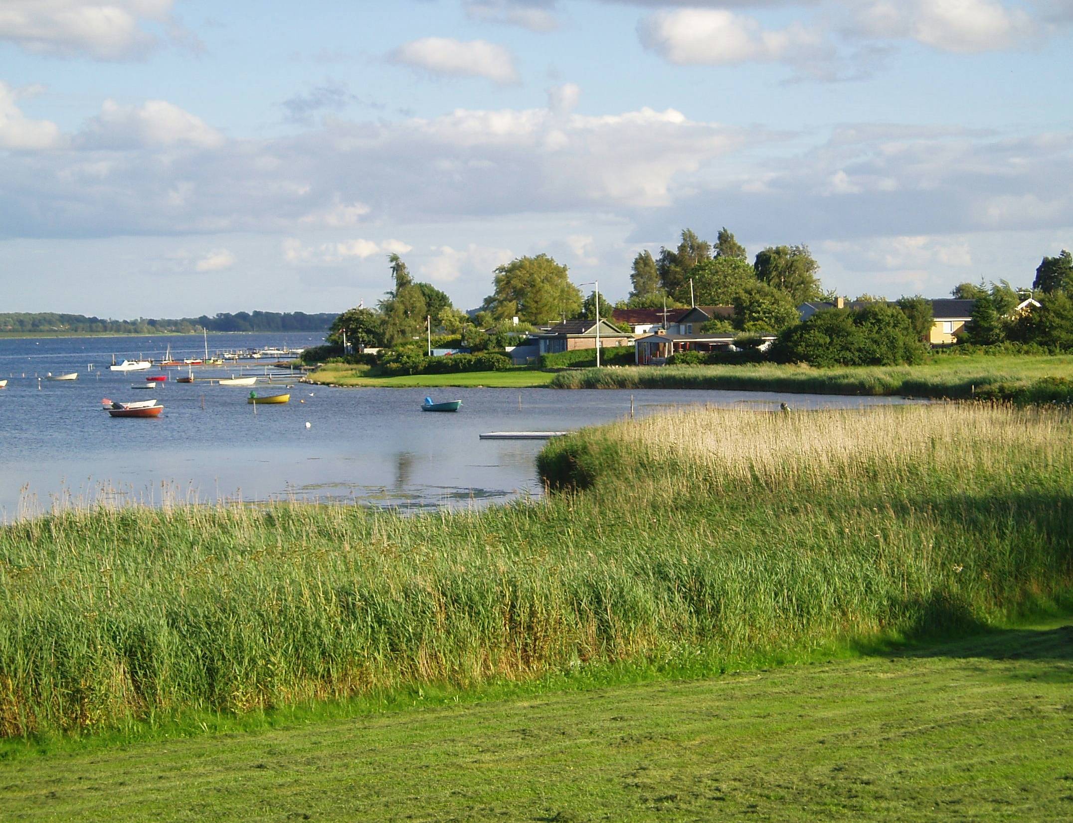 Grünes Seeufer mit Ferienhäusern, bunte Boote auf dem See