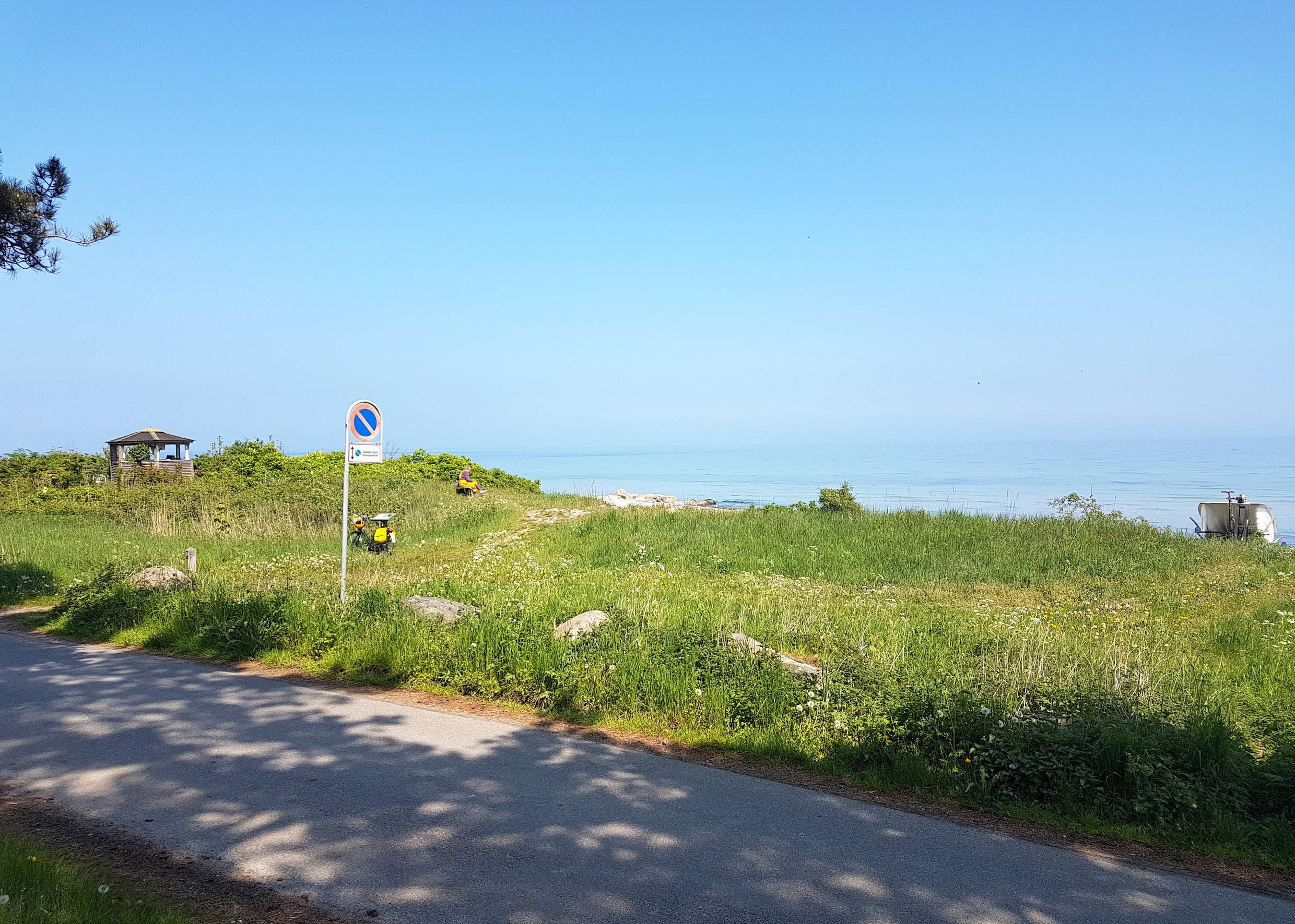 Schmale Straße, grüne Uferwiese, dahinter die flache Ostsee