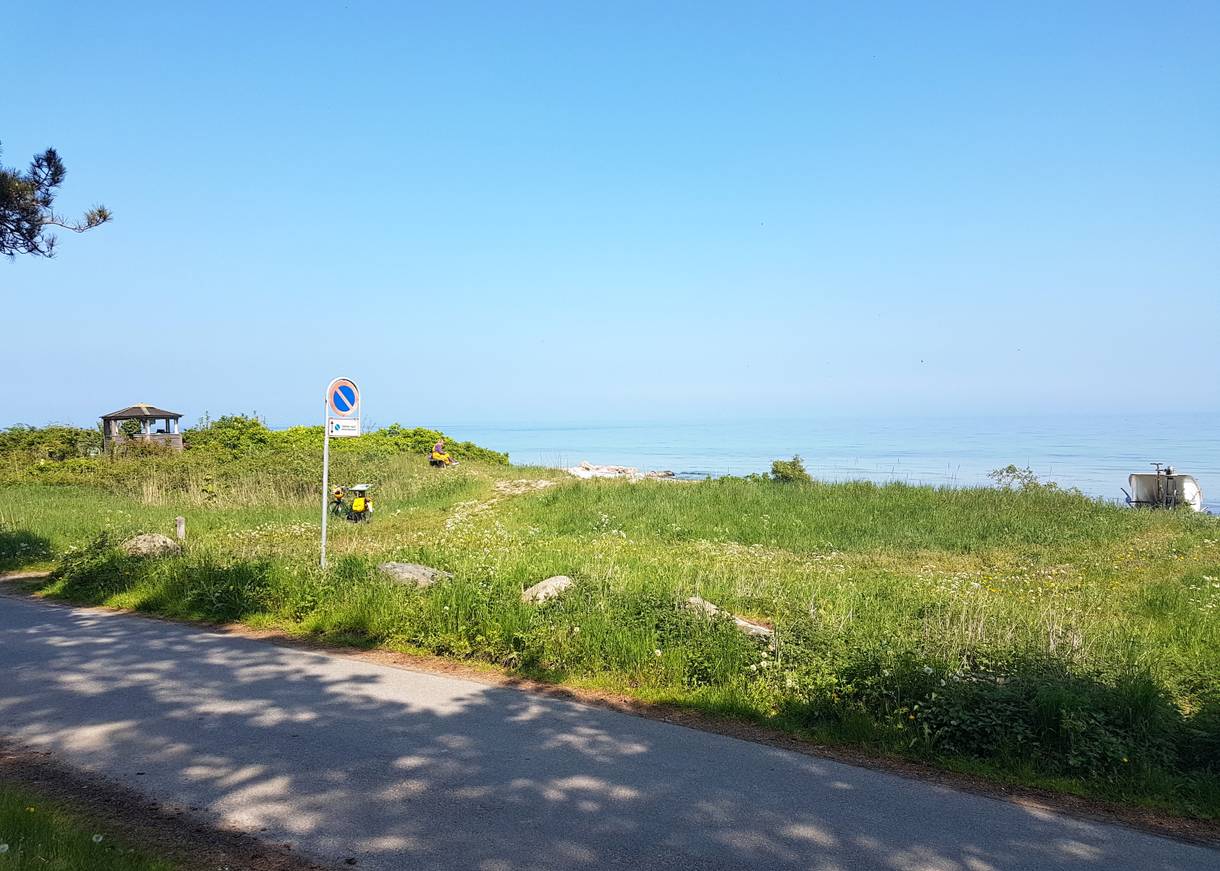 Schmale Straße, grüne Uferwiese, dahinter die flache Ostsee