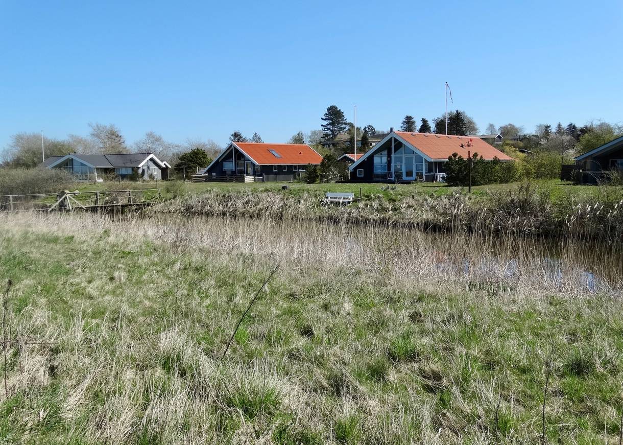 Ferienhäuser hinter einem Bach, dazwischen Rasen