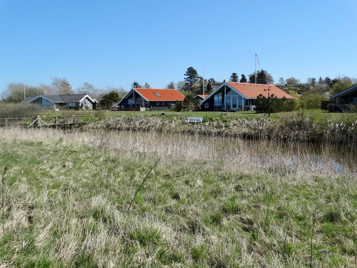 Ferienhäuser hinter einem Bach, dazwischen Rasen