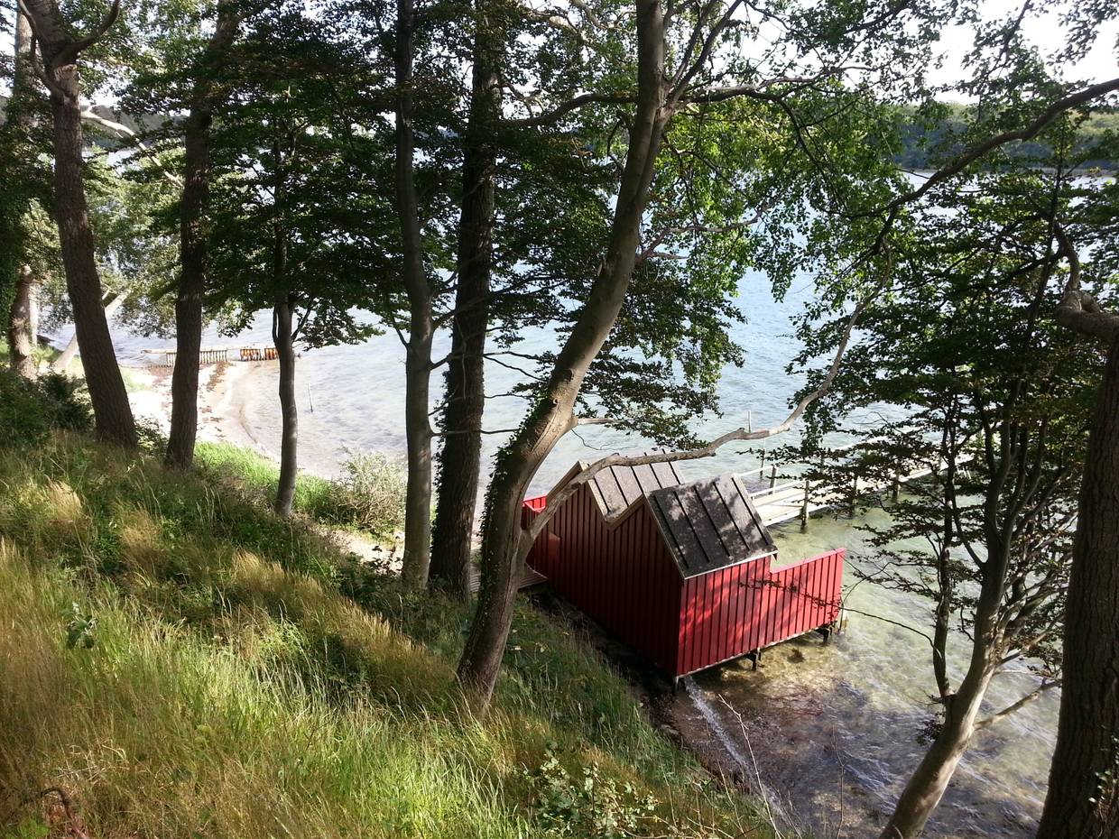 Zwei rote Badehäuser in Südfünen unter Bäumen am Fænøsund
