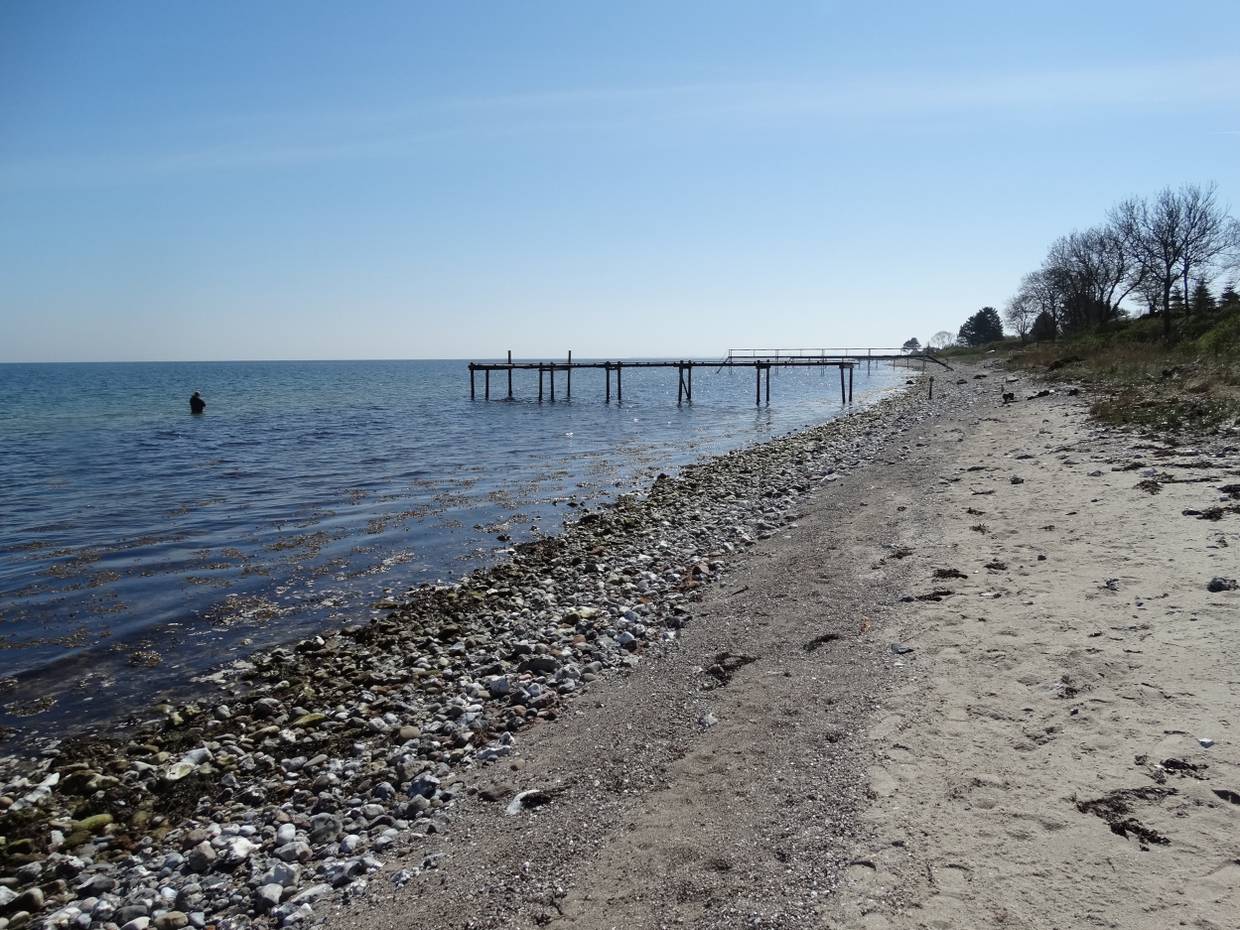 Steiniger Strand mit einem Badesteg