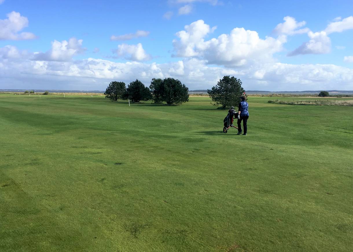 Frau mit Golftrolley auf einem Golfplatz mit Meerblick in Dänemark