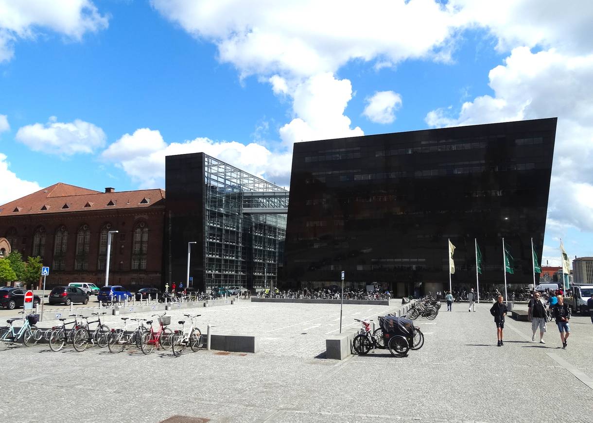 Die Bibliothek mit Neu- und Altbau von der Seite