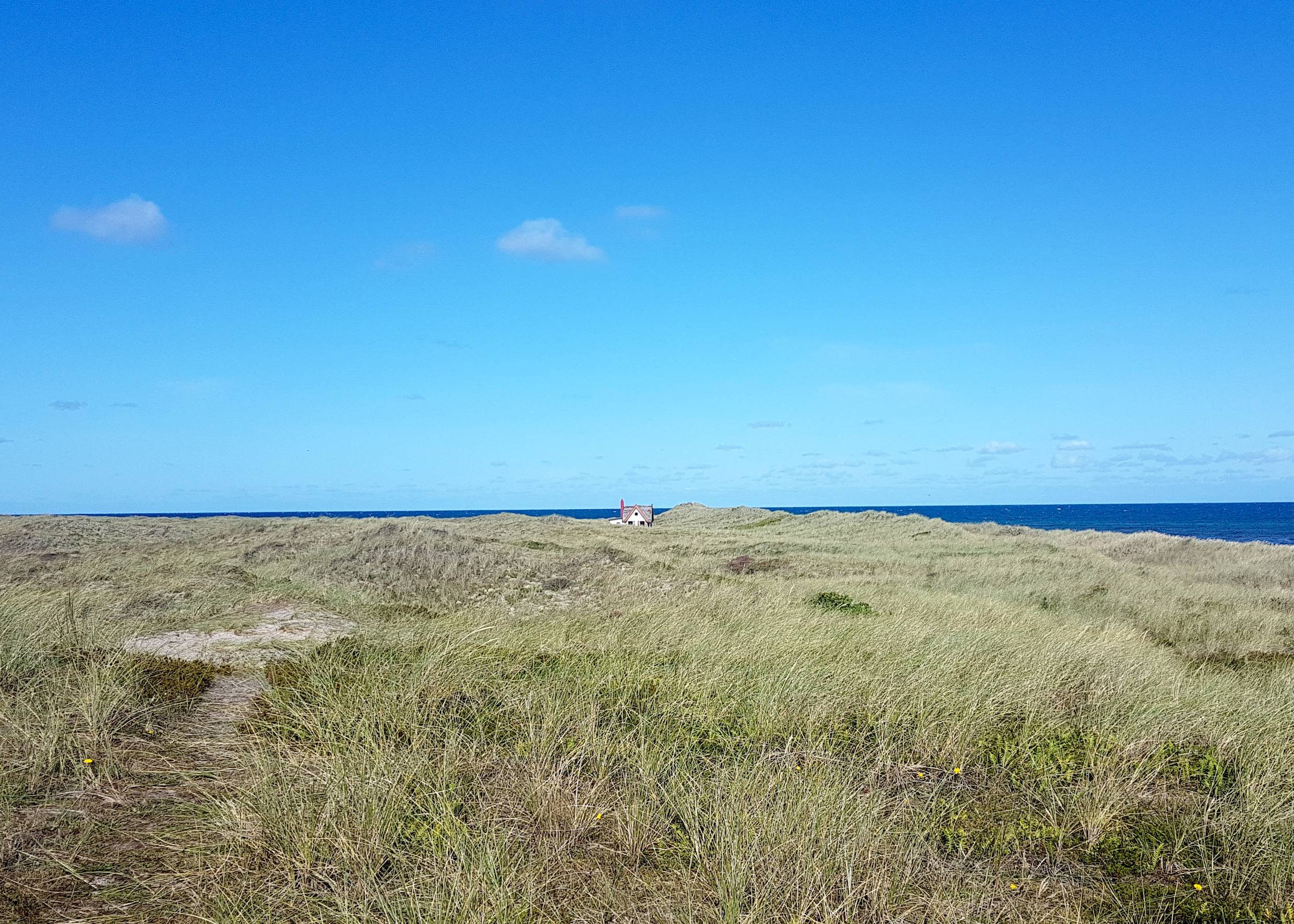Dünenlandschaft vor dem blauen Meer, in der Ferne eine kleine Reetdachhütte