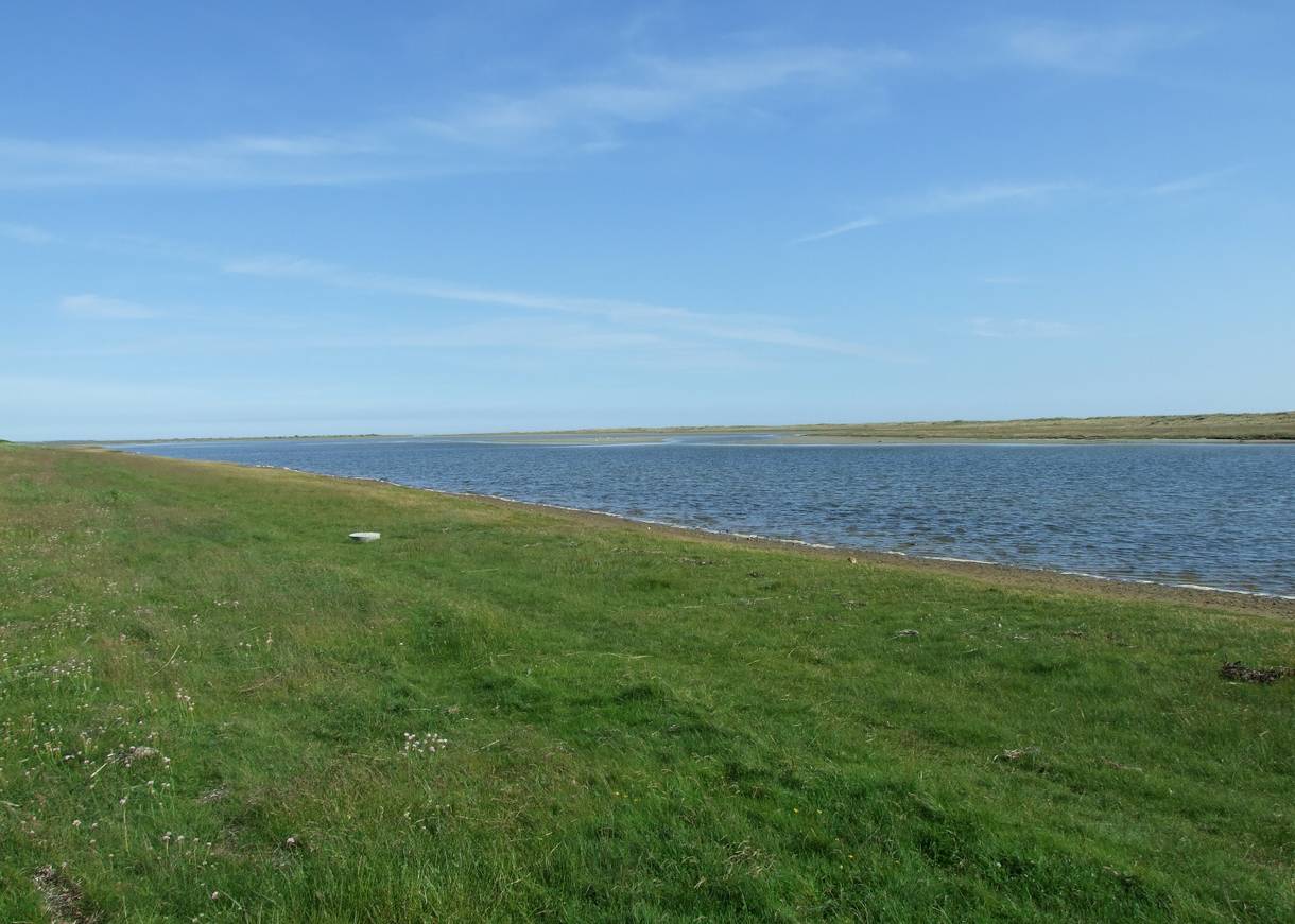 Ein Kanal zwischen zwei grünen Wiesen