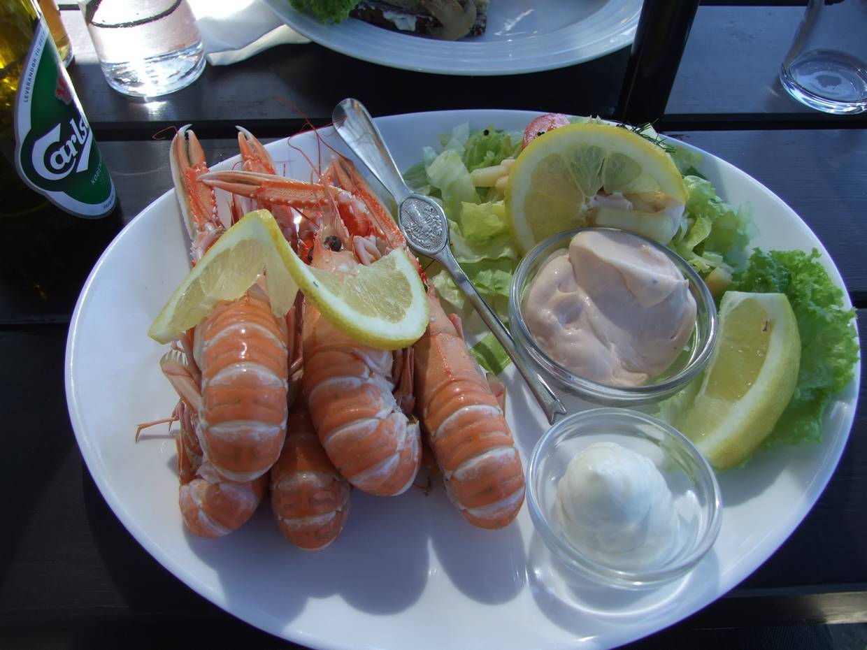 Teller mit kleinen Hummern, garniert mit Mayonaise und Zitronen
