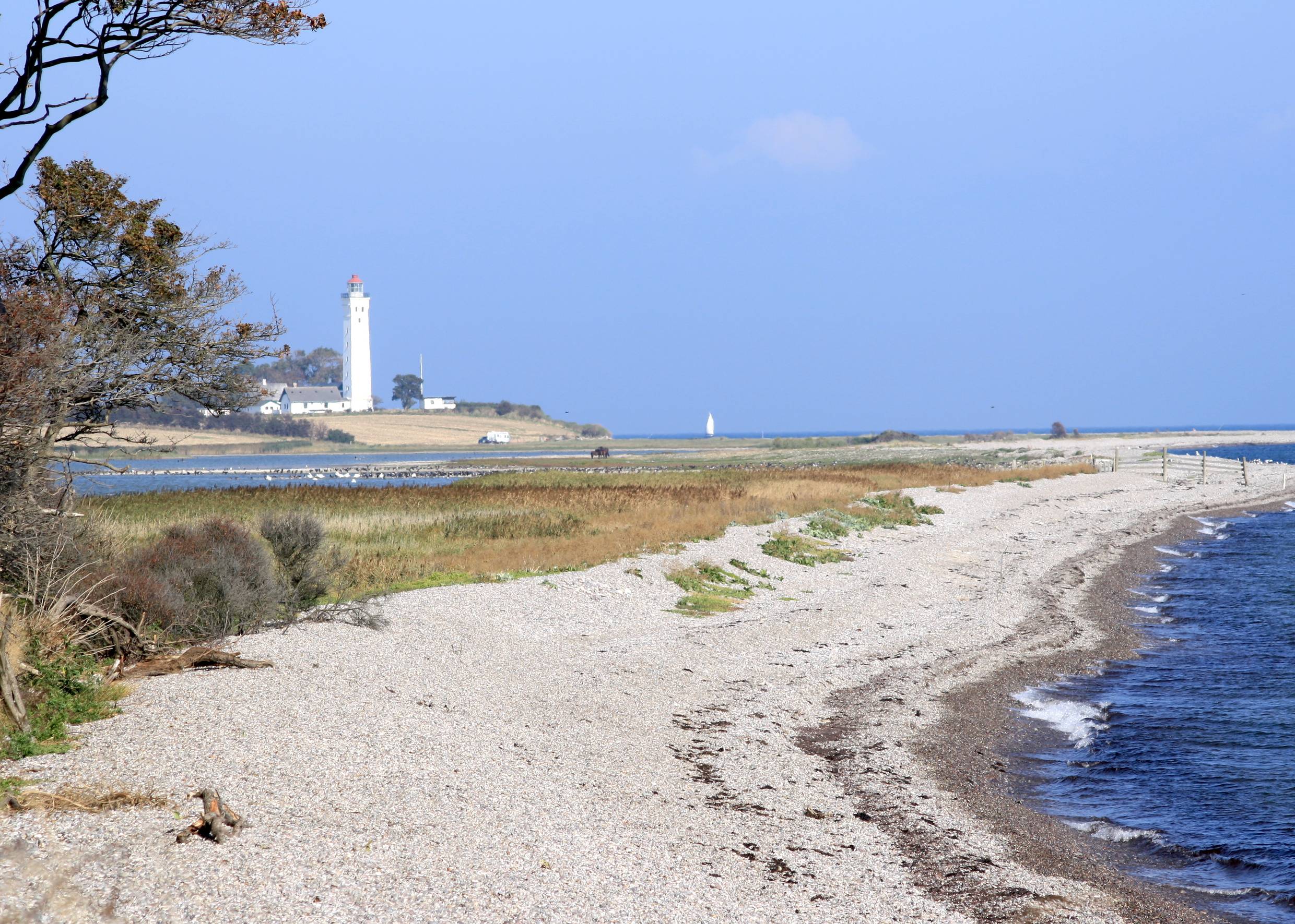 Weißer Leuchtturm hinter einer Lagune, davor steiniger Strand 