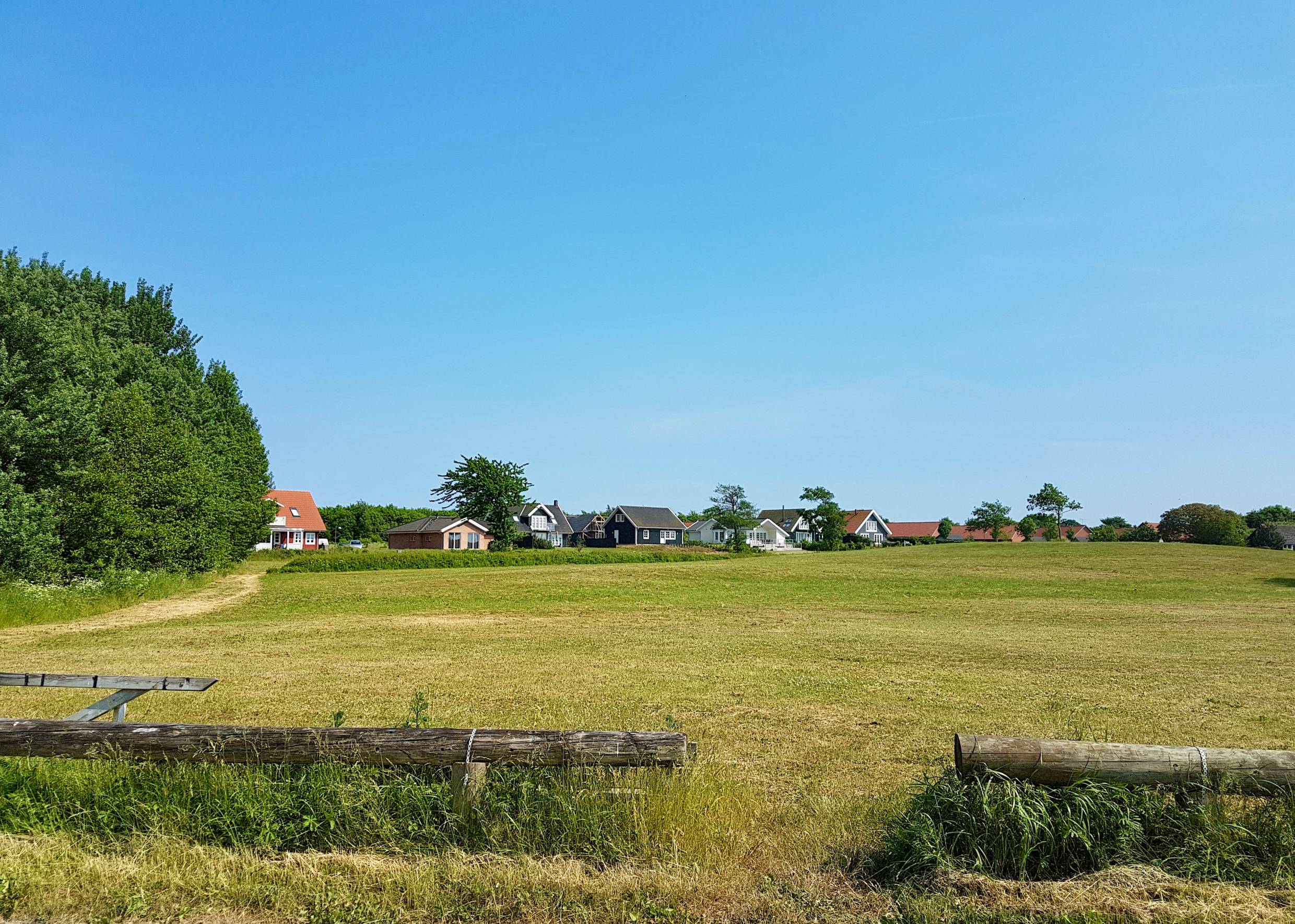 Ferienhäuser hinter einer Wiese am Waldrand