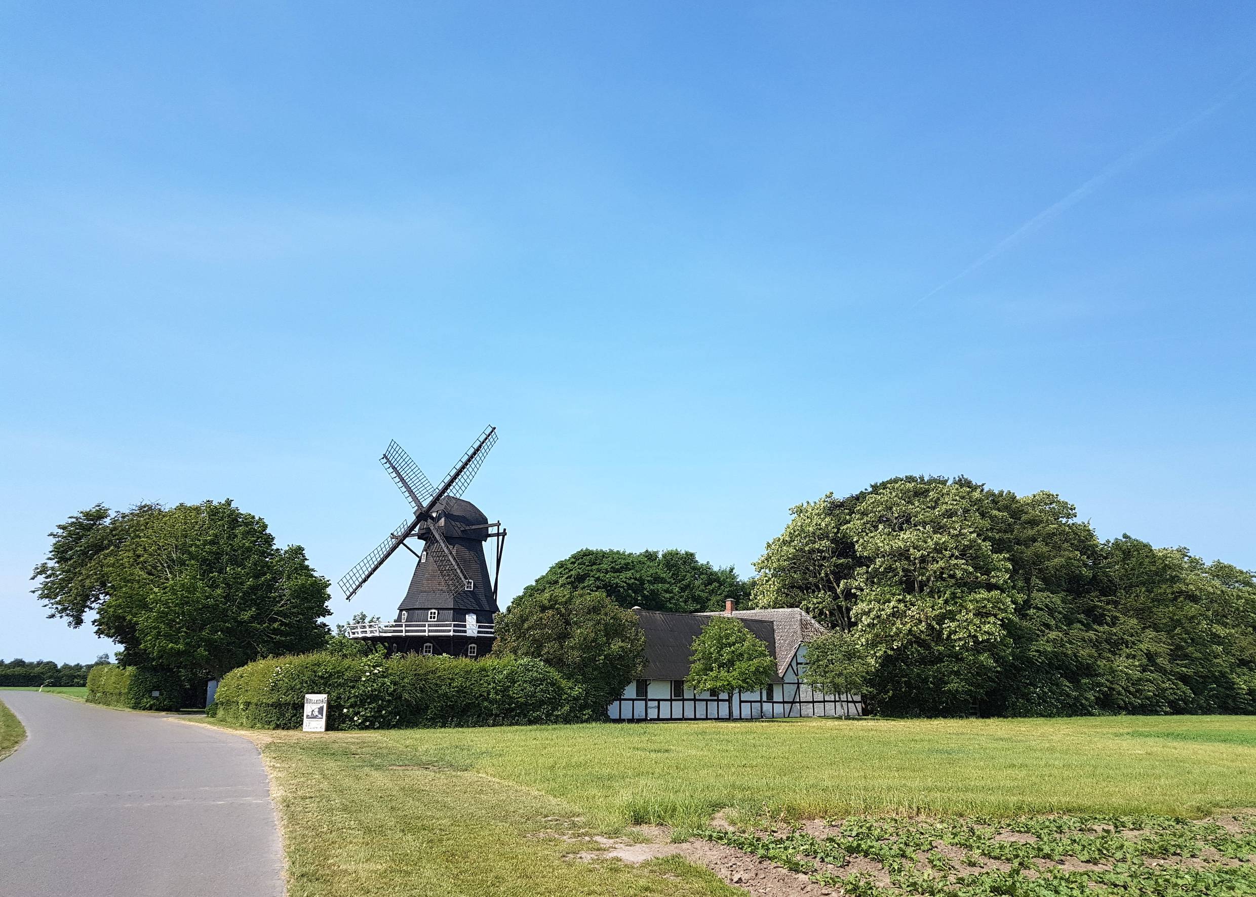 Windmühle und ein Fachwerkhaus zwischen Laubbäumen