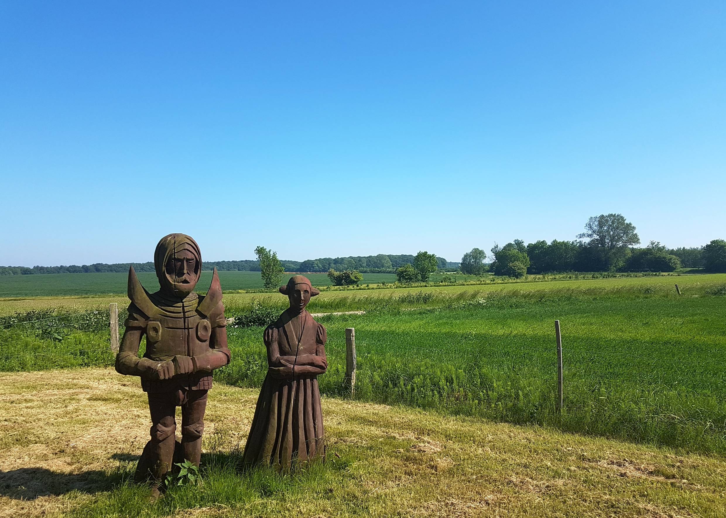 Zwei Holzfiguren auf einer Blumenwiese
