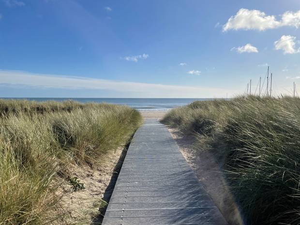 Holzsteg zwischen Strandhafer mit Blick auf das Meer