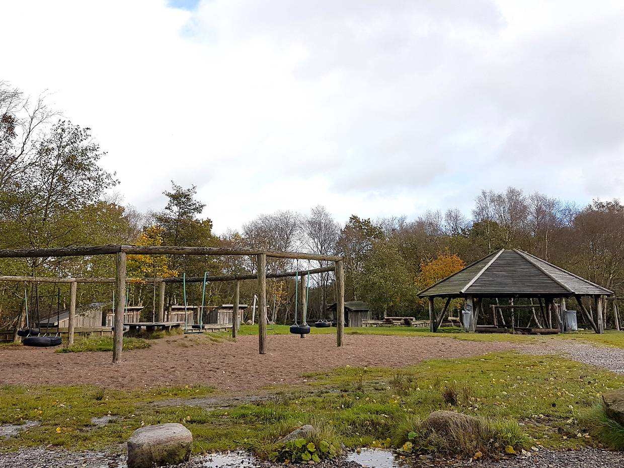 Picknickhütte und Schaukelgerüste auf einer Lichtung