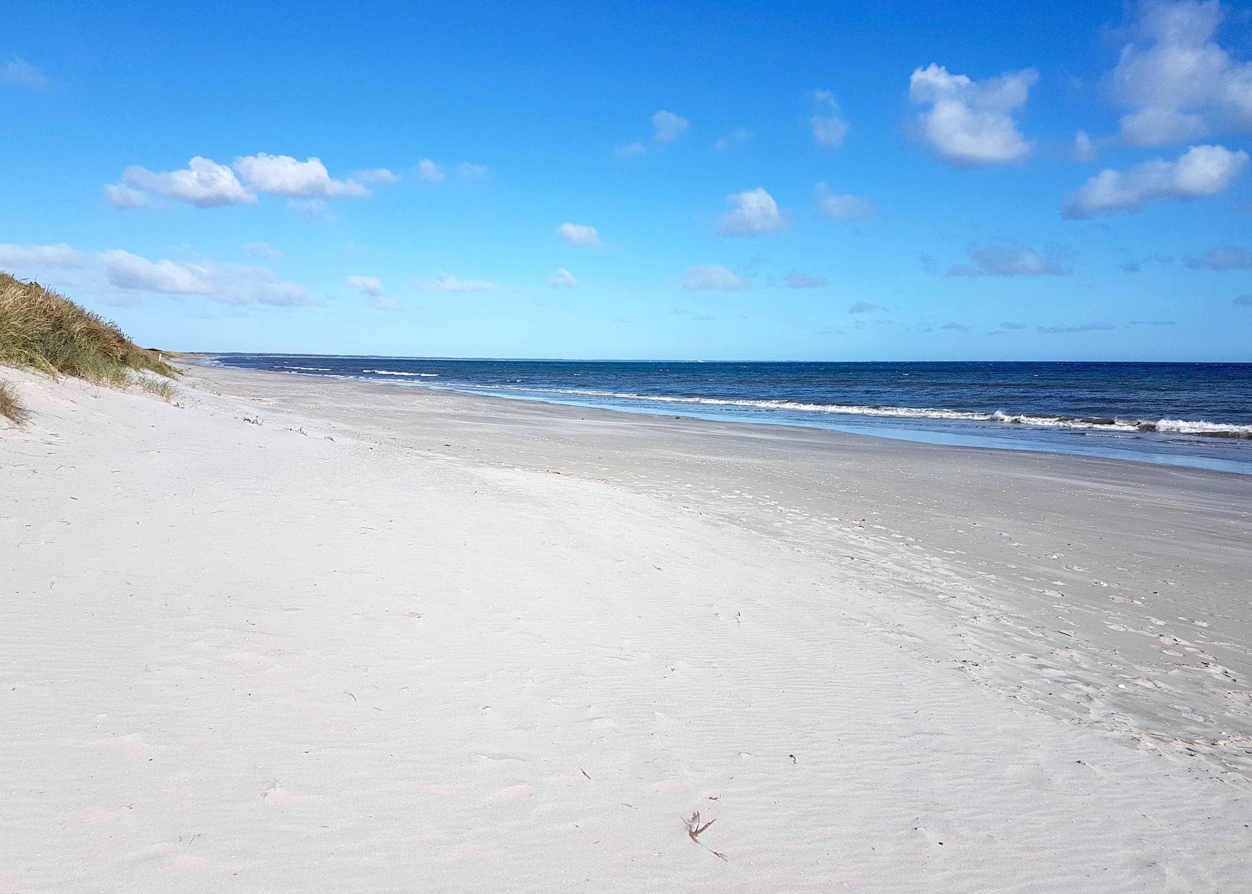 Langer, weißer Sandstrand vor einer flachen Düne