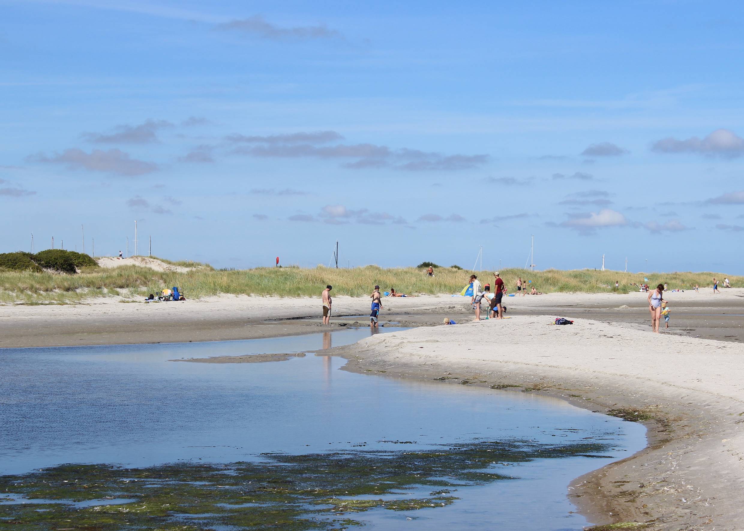 Badegästen an einer Sandbank vor den Dünen