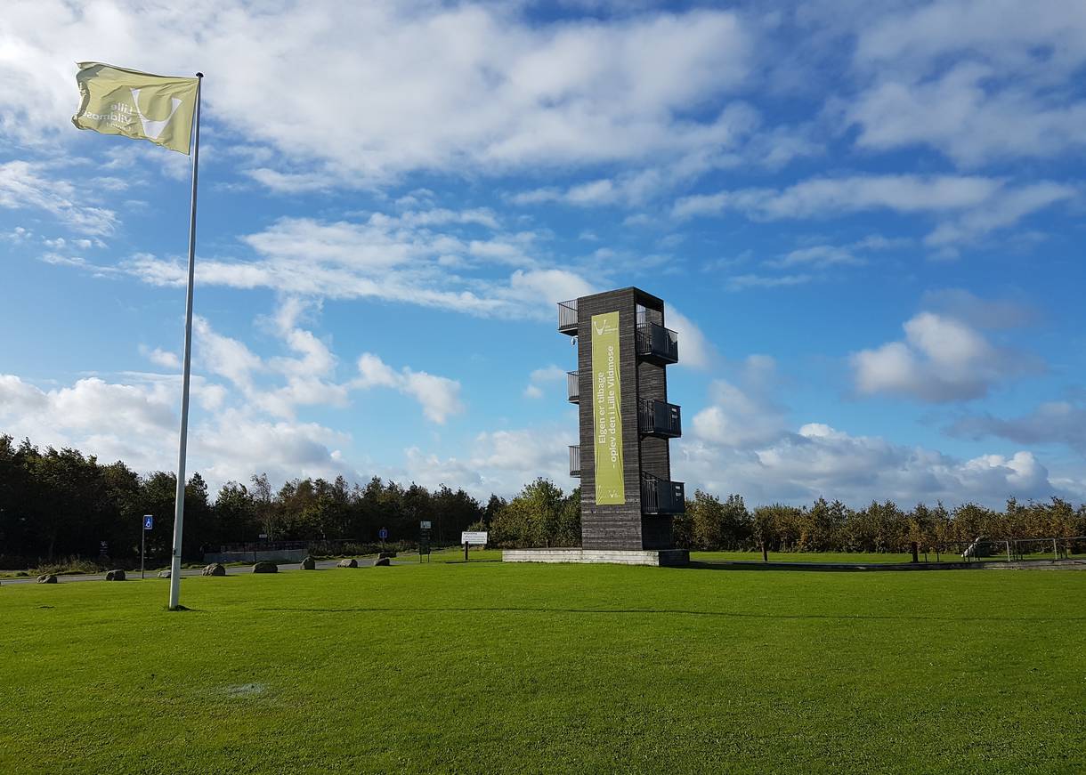 Moderner Aussichtsturm auf einer grünen Wiese
