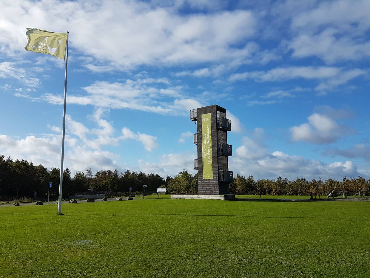 Moderner Aussichtsturm auf einer grünen Wiese