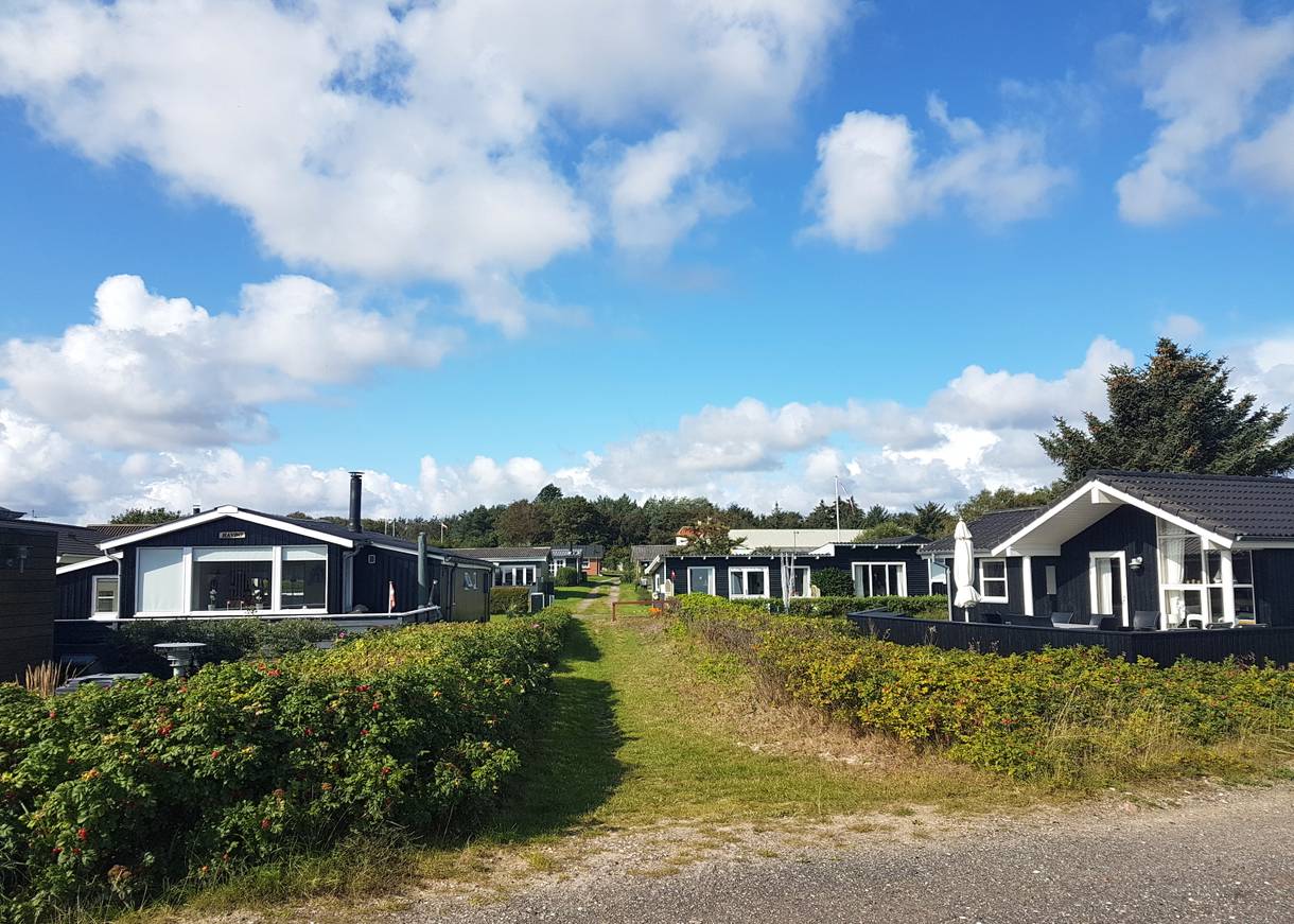Blick auf ein Ferienhausgebiet mit schwarzen Häusern auf kleinen Grundstücken