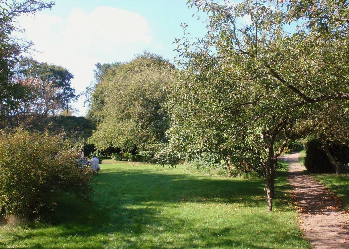 Spaziergänger zwischen Obstbäumen